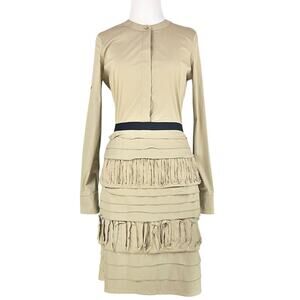 BCBGMAXAZRIA Cotton Khaki Pleated Tiered Dress Size XS Military Nurse Army